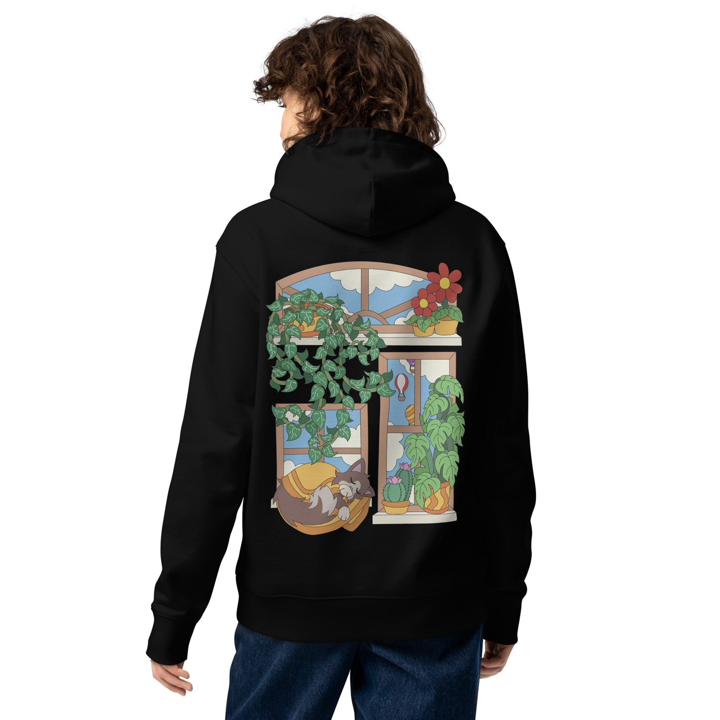 'Cat in the window' unisex hoodie (front and back illustration)