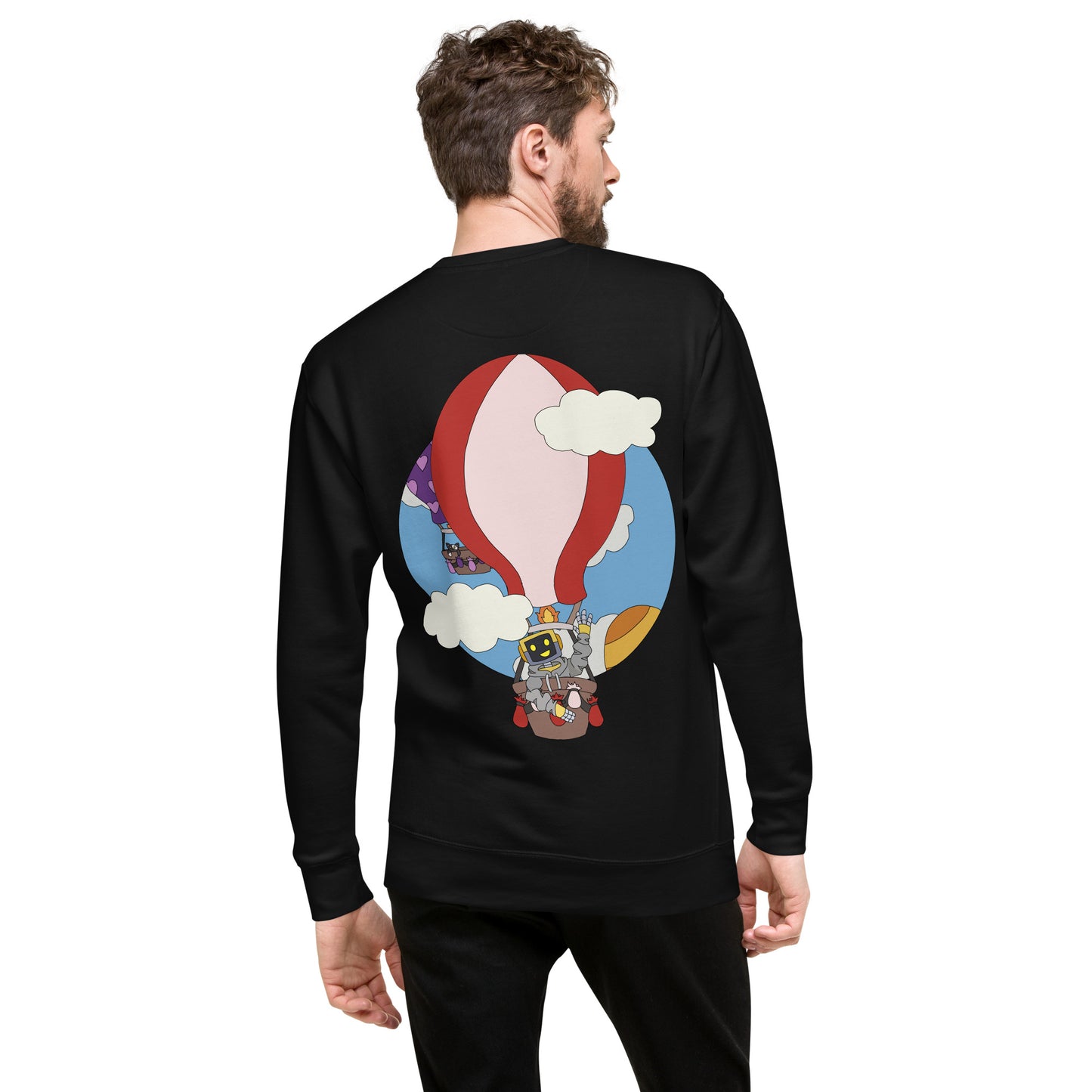 'Robot hot-air balloon' unisex sweatshirt (front and back illustration)