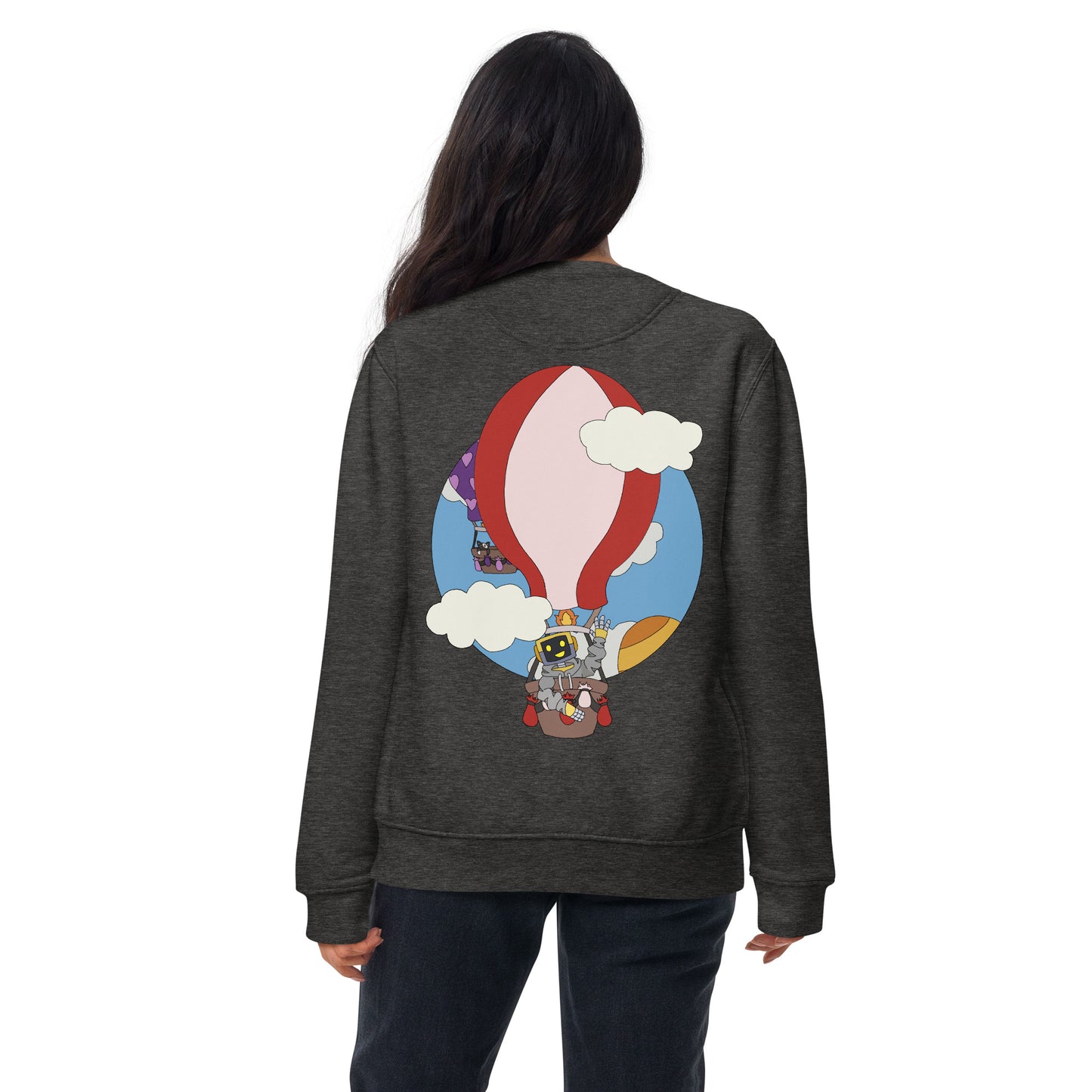 'Robot hot-air balloon' unisex sweatshirt (front and back illustration)