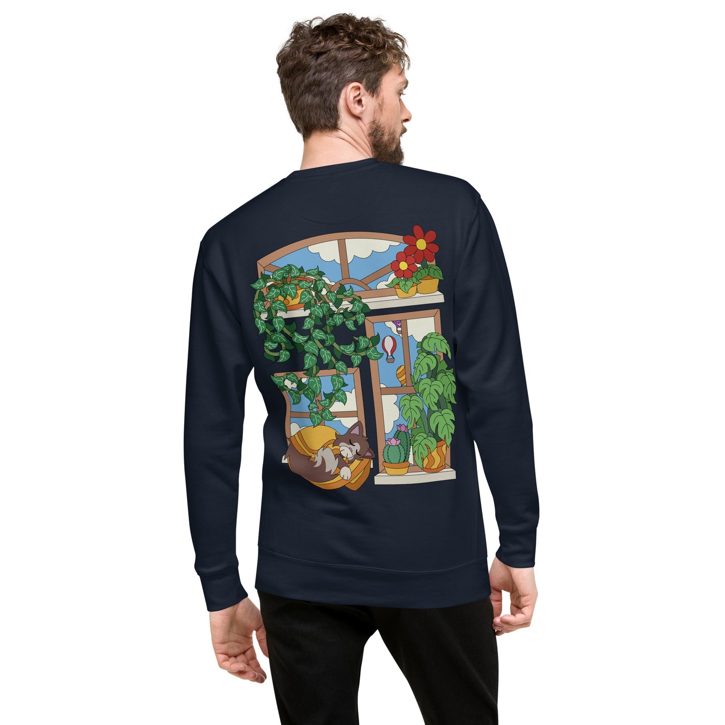 'Cat in the window' unisex sweatshirt (front and back illustration)