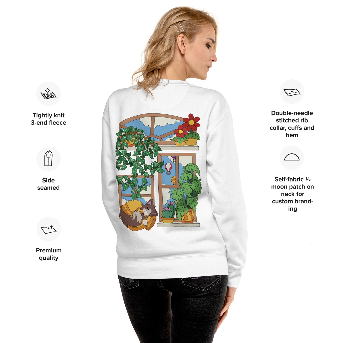 'Cat in the window' unisex sweatshirt (front and back illustration)