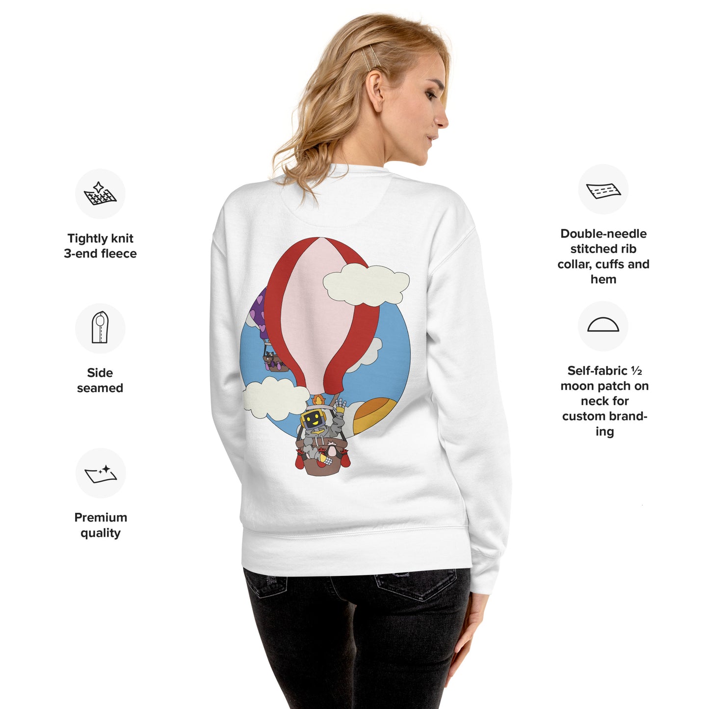 'Robot hot-air balloon' unisex sweatshirt (front and back illustration)